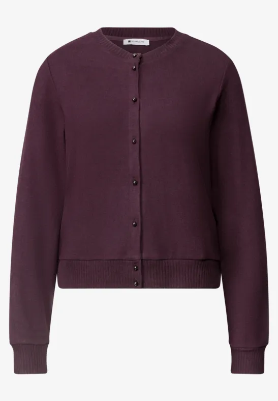 Dunkellila Damen-Strickjacke mit Rundhalsausschnitt und Knopfleiste