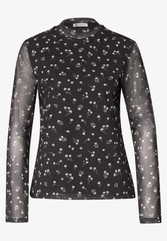 Schwarzes, langärmeliges, leicht transparentes Shirt mit zarten weißen Blumenmustern.