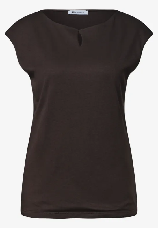 Haut femme marron foncé à manches courtes avec petite fente à l'encolure