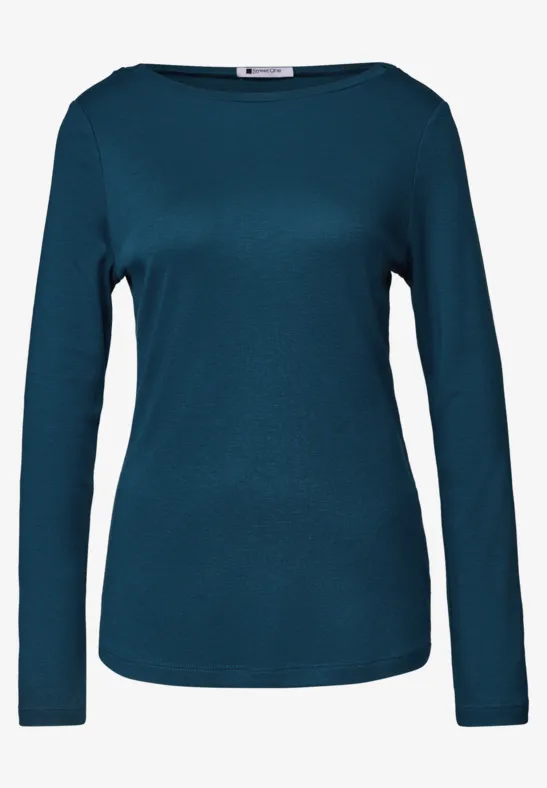Langärmeliges, schlichtes, taubenblaues Shirt mit Rundhalsausschnitt.