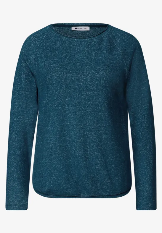 Dunkelblauer, melierter Pullover mit Rundhalsausschnitt und langen Ärmeln.