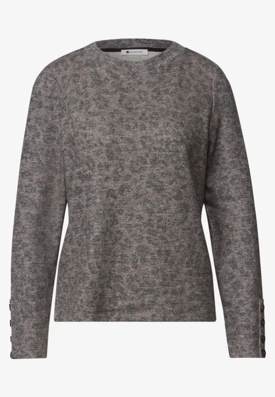 Pull gris à motif floral discret, manches longues, coupe décontractée.