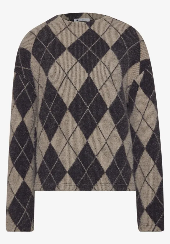 Pullover mit dunkelgrauem und beigem Rautenmuster, langärmlig, gerade geschnitten.