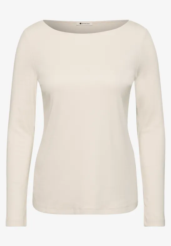 Cremeweißes Damen-Langarmshirt mit rundem Ausschnitt