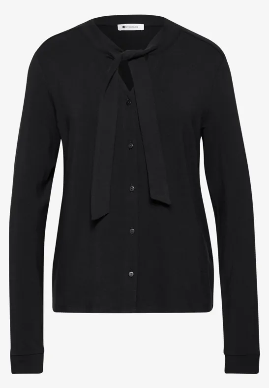 Schwarze Strickjacke mit langen Ärmeln und Bindeschleife am Kragen.