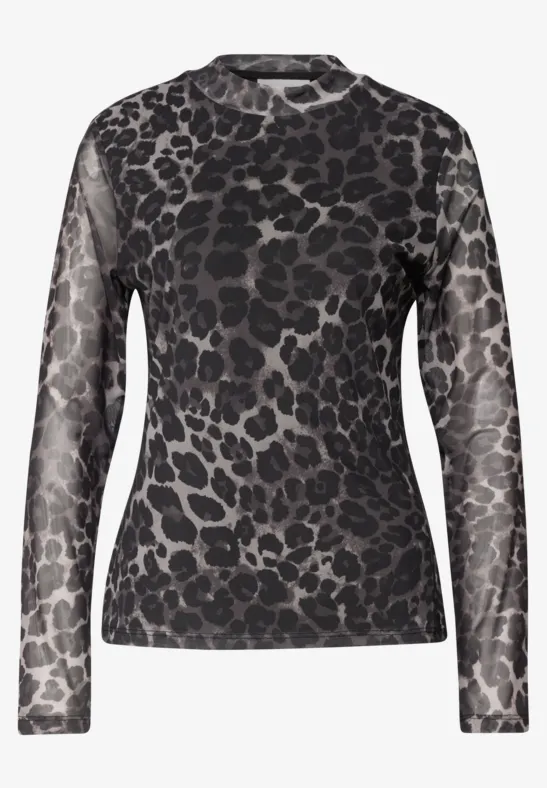 T-shirt manches longues semi-transparent à imprimé léopard gris et noir