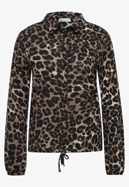Leoprint-Bluse mit Kragen, langen Ärmeln und Tunnelzug am Saum.