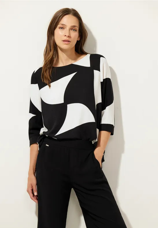 Printbluse mit Rippbündchen Black