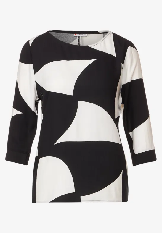 Printbluse mit Rippbündchen Black