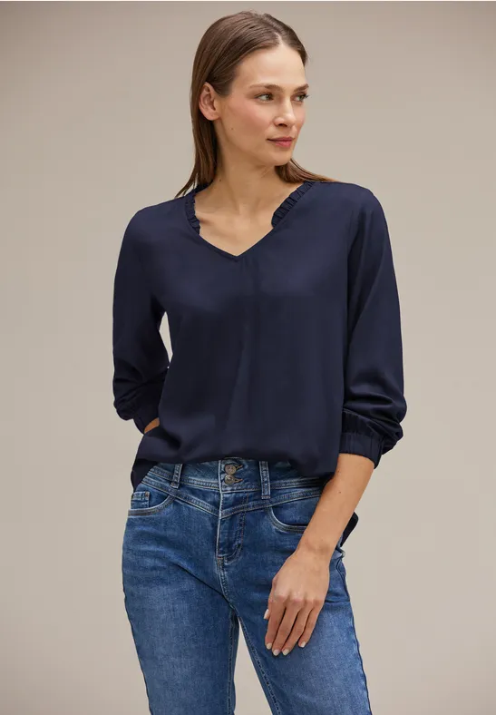 Unifarbene Bluse mit Rüschen deep blue