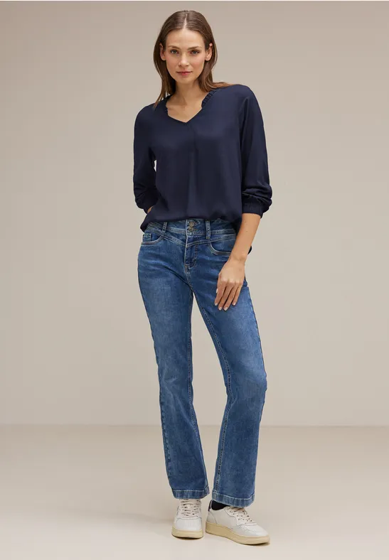 Unifarbene Bluse mit Rüschen deep blue