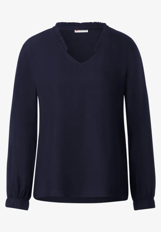 Unifarbene Bluse mit Rüschen deep blue