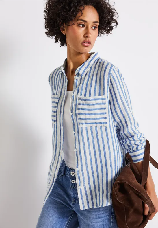 Gestreept linnen overhemd blouse serenity blue