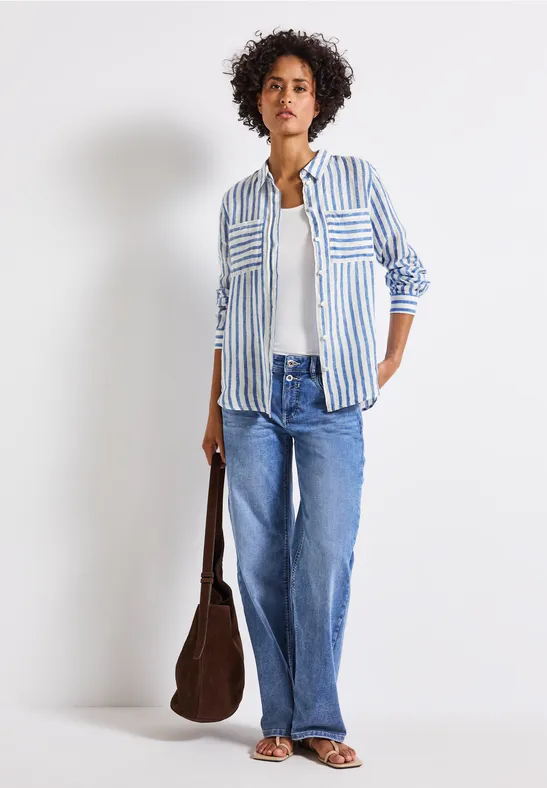 Gestreept linnen overhemd blouse serenity blue