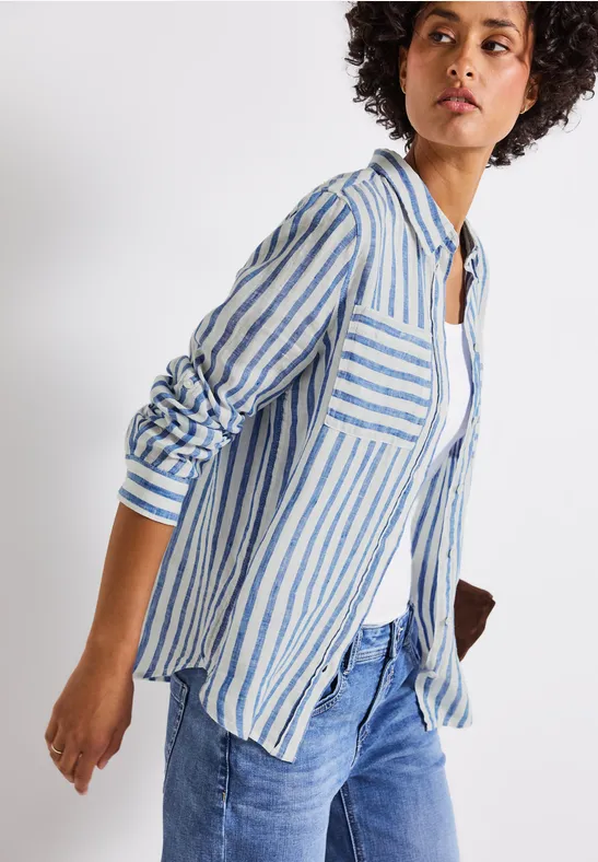 Gestreept linnen overhemd blouse serenity blue