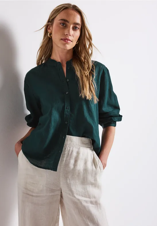 Leinenmix Bluse mit Rüschen dark garden green
