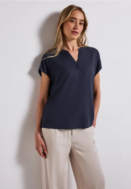 Blouse met gespleten hals in effen kleur deep blue