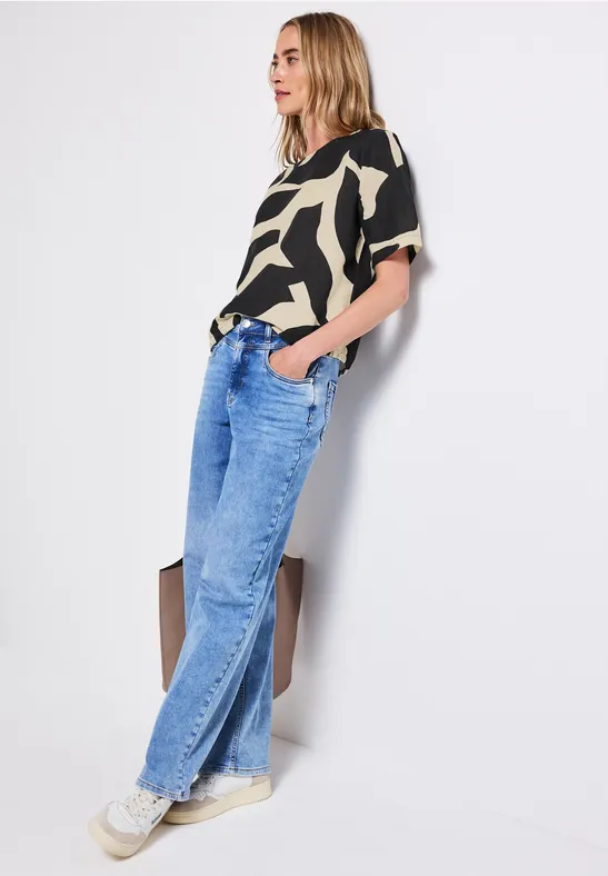 Leinenmix Print-Blusenshirt whale tail grey