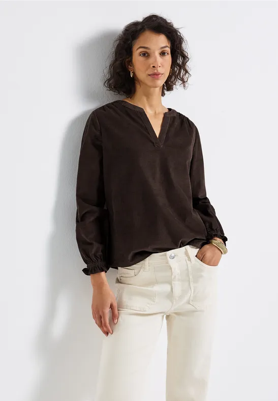 Corduroy blouse met ruches deep roast brown