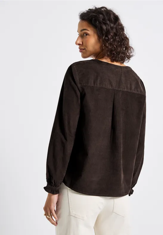 Corduroy blouse met ruches deep roast brown