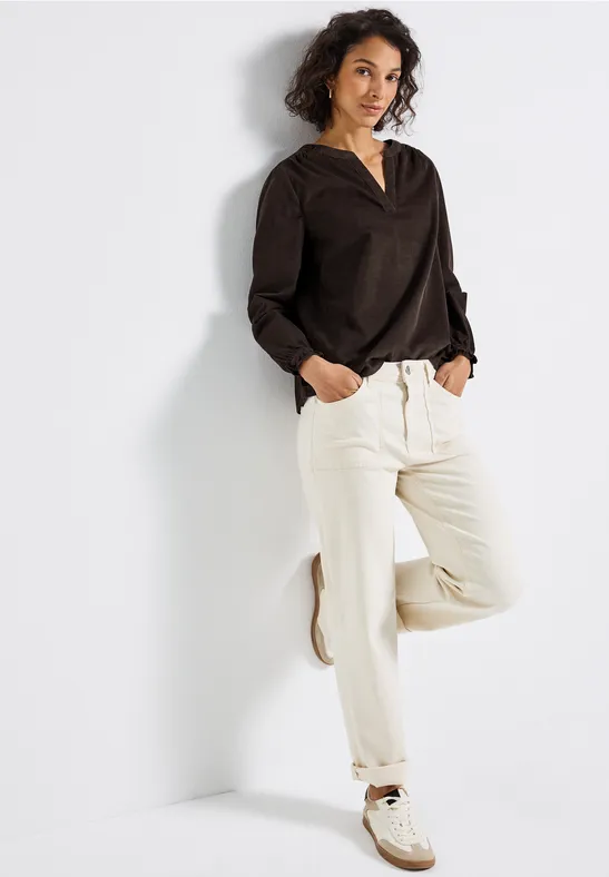 Corduroy blouse met ruches deep roast brown
