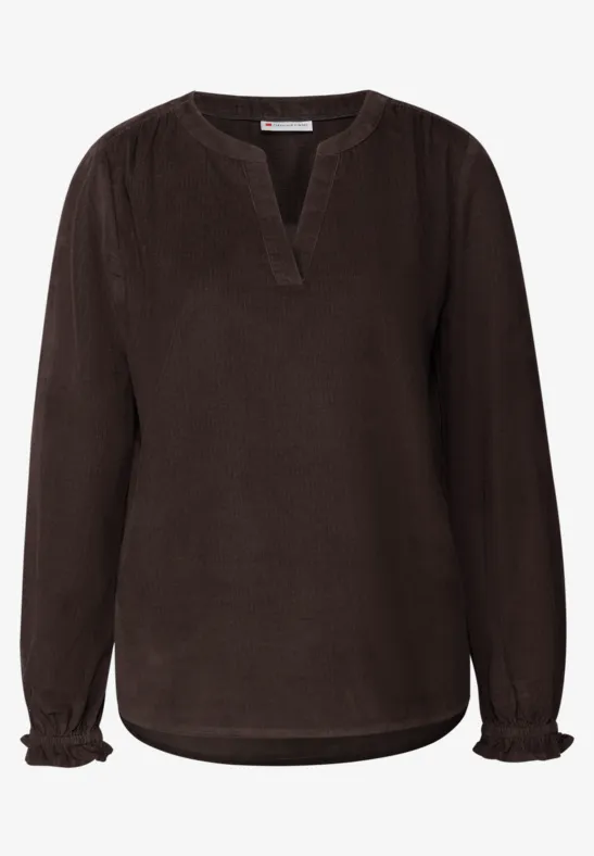 Corduroy blouse met ruches deep roast brown