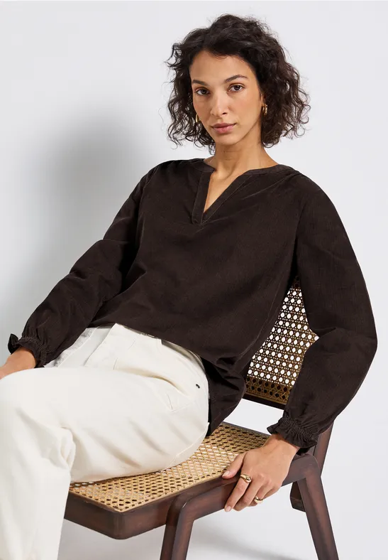 Corduroy blouse met ruches deep roast brown