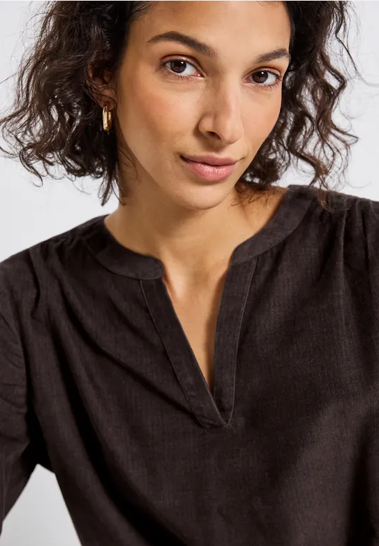 Corduroy blouse met ruches deep roast brown