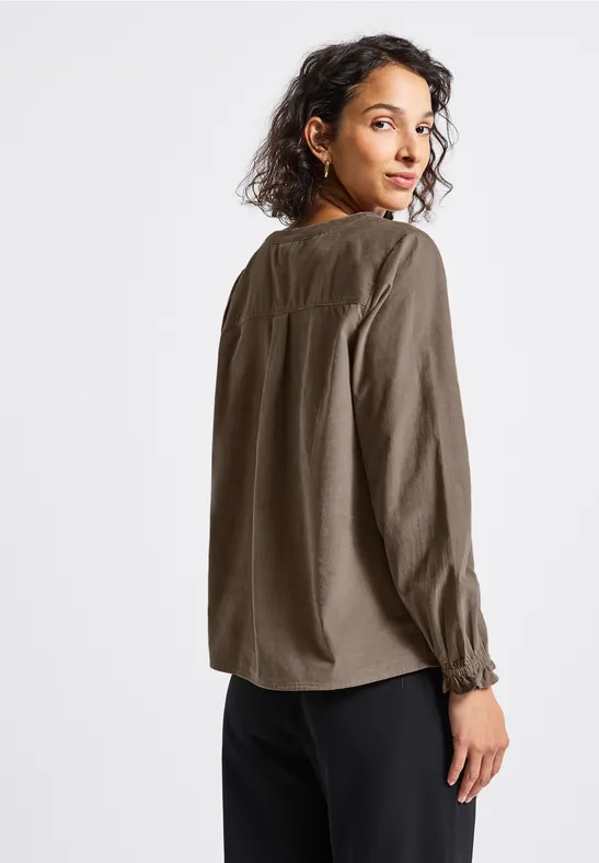 Corduroy blouse met ruches bark brown