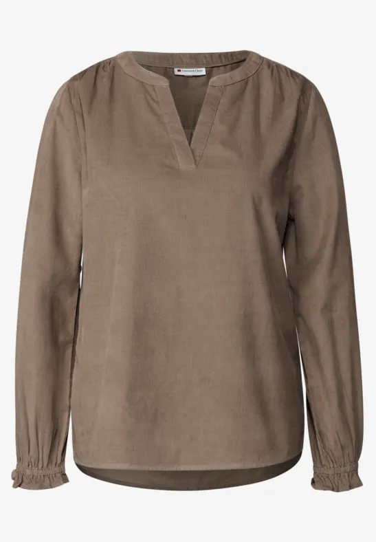 Corduroy blouse met ruches bark brown