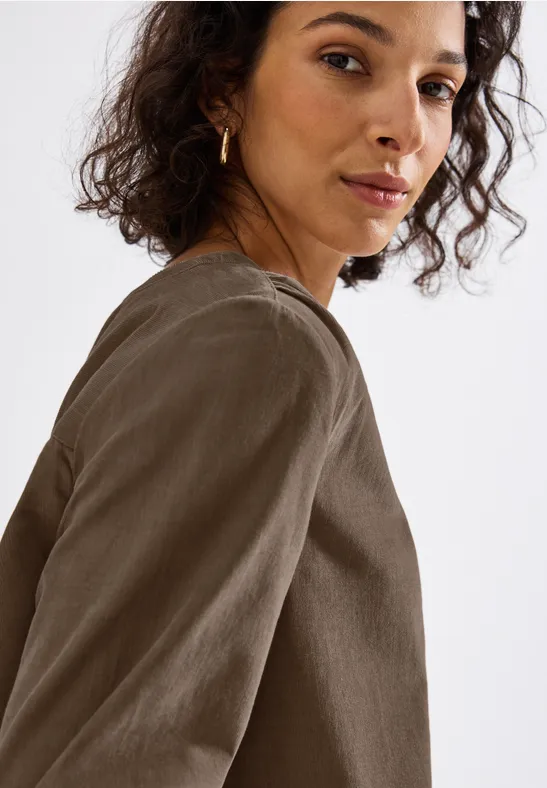 Corduroy blouse met ruches bark brown