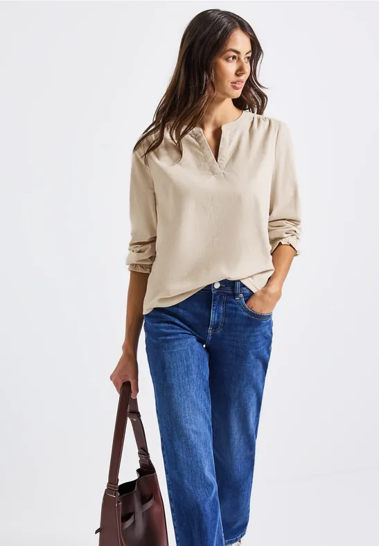 Corduroy blouse met ruches malted beige