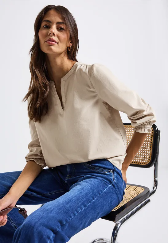 Corduroy blouse met ruches malted beige