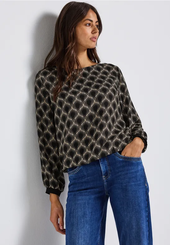 Bedrukte blouse met elastische zoom sanded beige