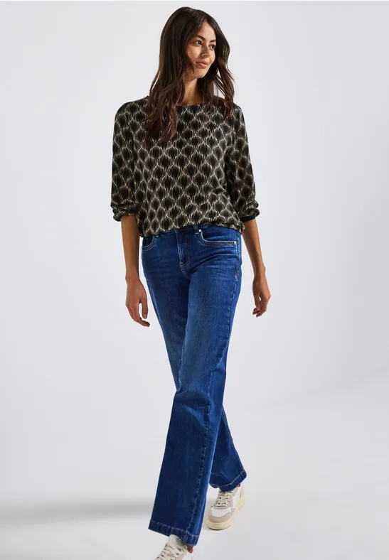 Bedrukte blouse met elastische zoom sanded beige