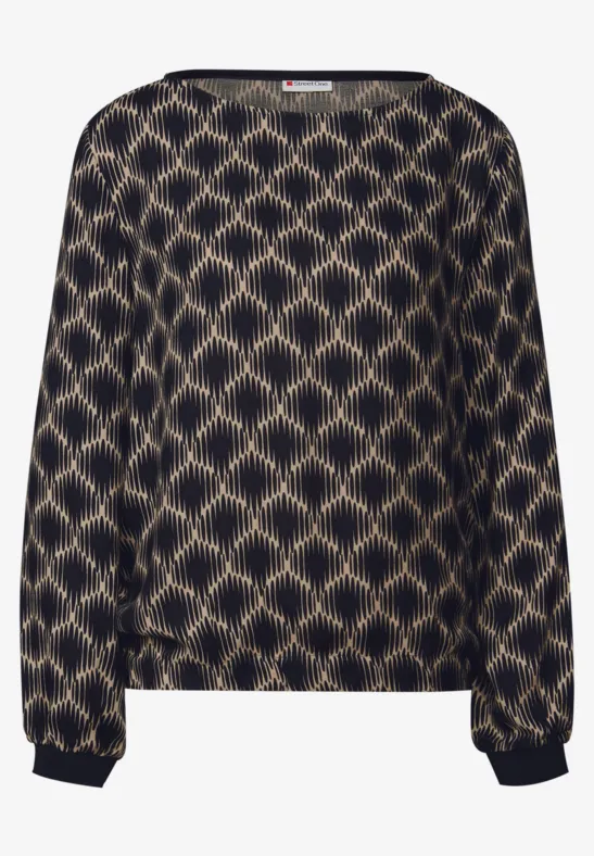 Bedrukte blouse met elastische zoom sanded beige