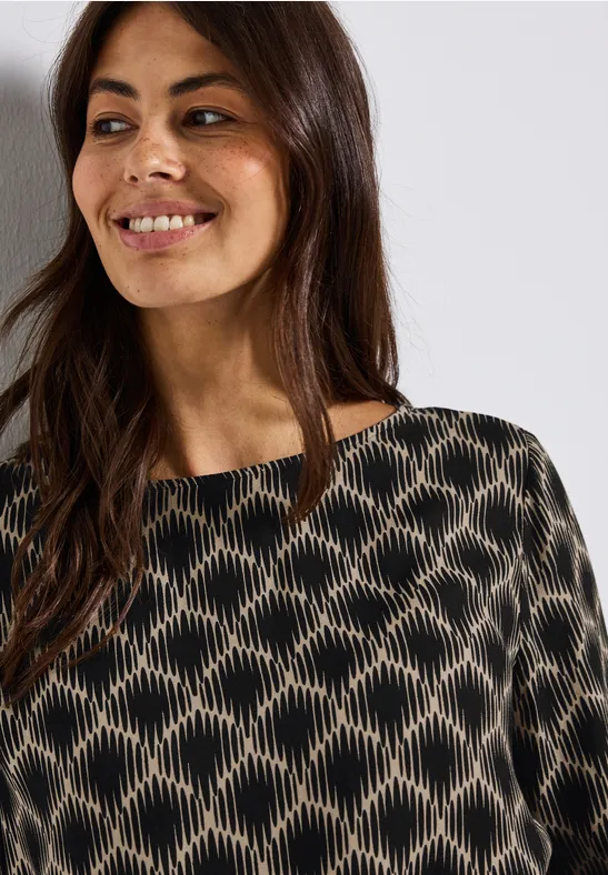 Bedrukte blouse met elastische zoom sanded beige