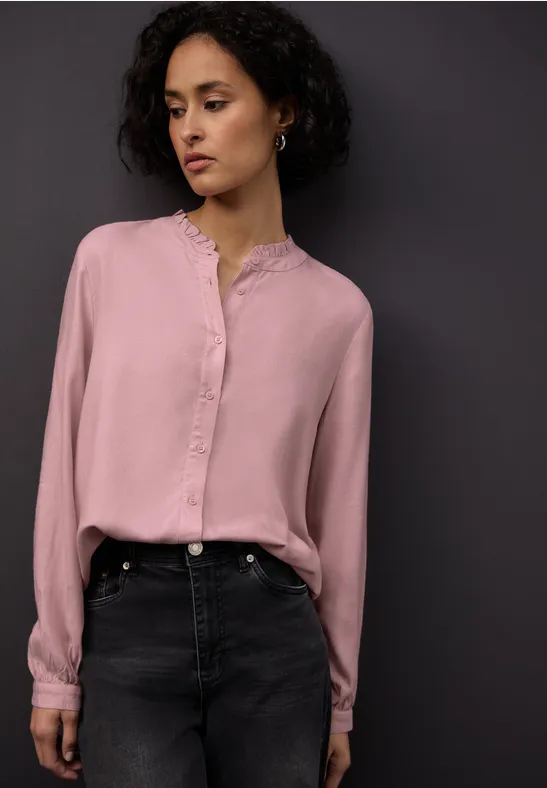 Gemêleerde blouse met ruches powder pink mel.