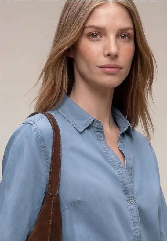 Overhemdblouse met 3/4 mouwen in denimlook Light Blue soft wash