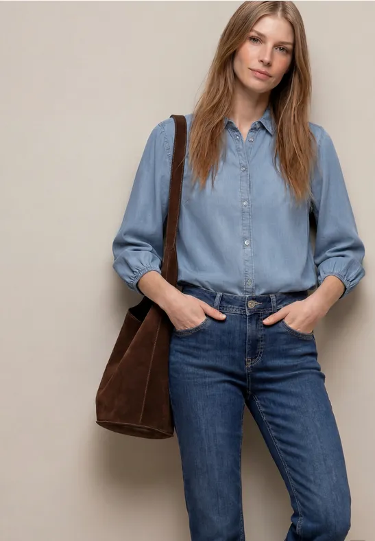 Overhemdblouse met 3/4 mouwen in denimlook Light Blue soft wash