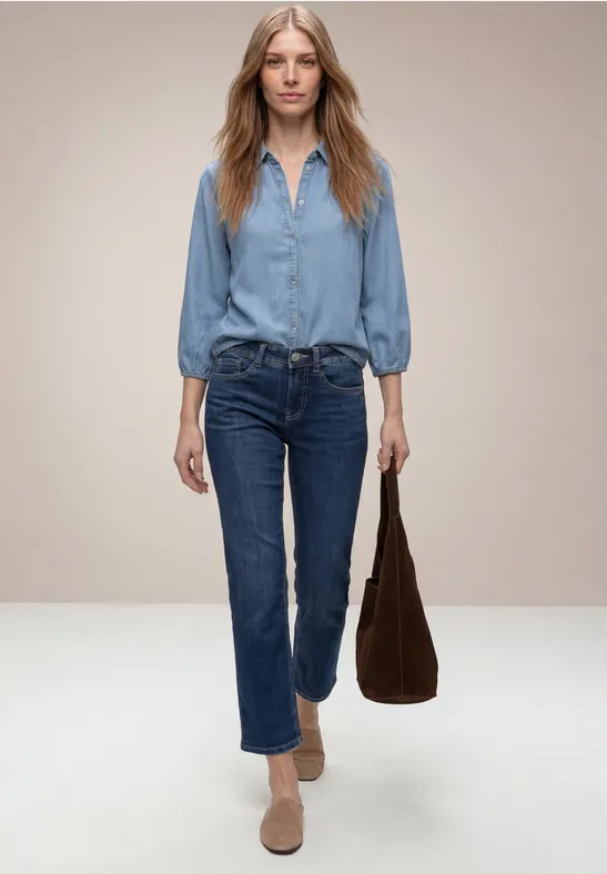 Overhemdblouse met 3/4 mouwen in denimlook Light Blue soft wash