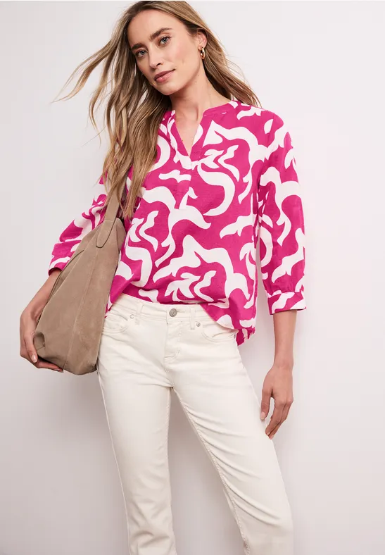 Blouse met gespleten hals van linnenmix magenta dream