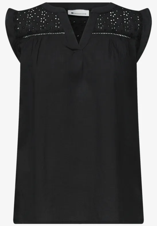 Blousetop met gespleten hals en shiffley-details Black