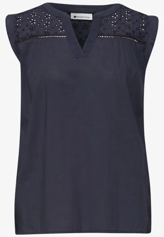 Navyblaues, ärmelloses Damenoberteil mit Spitzenbesatz an den Schultern