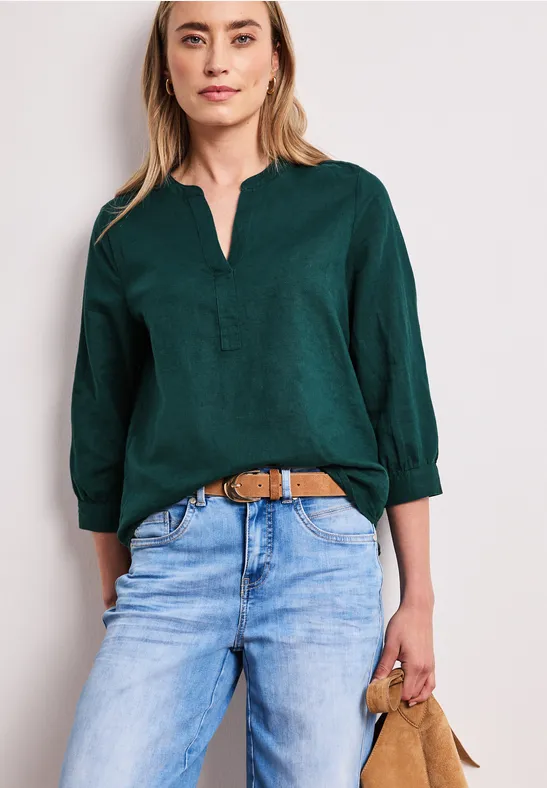 Blouse met gespleten hals van linnenmix dark garden green