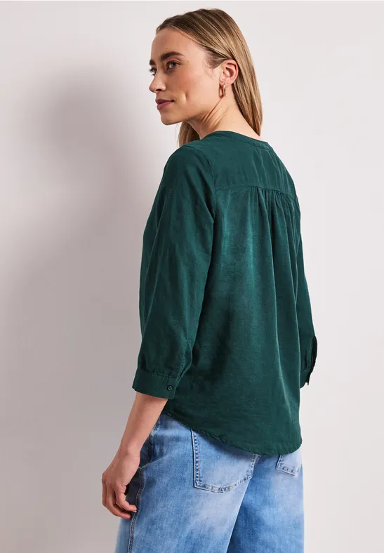 Blouse met gespleten hals van linnenmix dark garden green