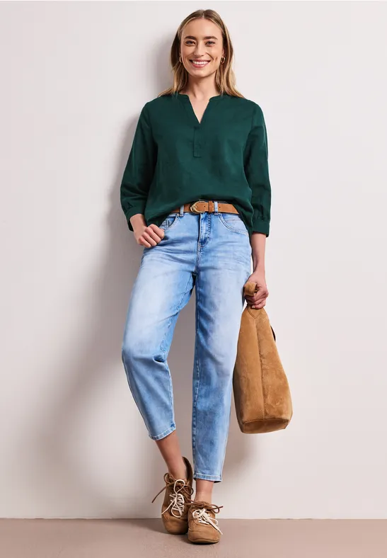 Blouse met gespleten hals van linnenmix dark garden green