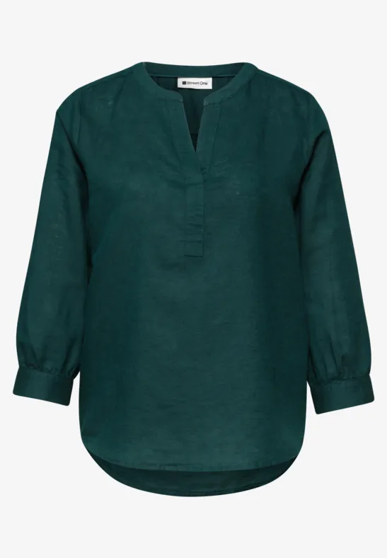 Blouse met gespleten hals van linnenmix dark garden green
