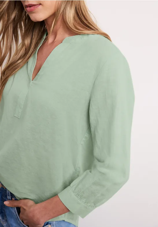 Bluse mit Split Neck aus Leinenmix soft jade green