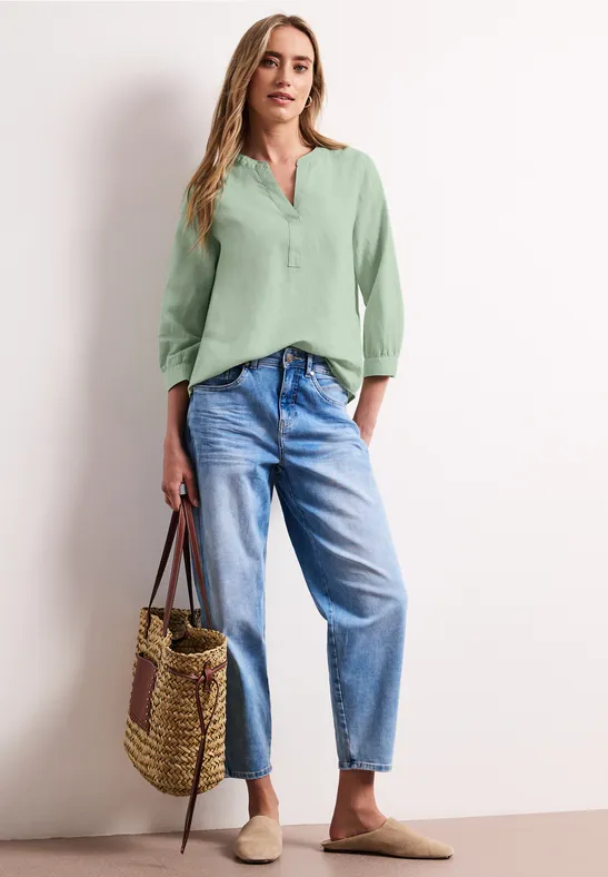 Bluse mit Split Neck aus Leinenmix soft jade green